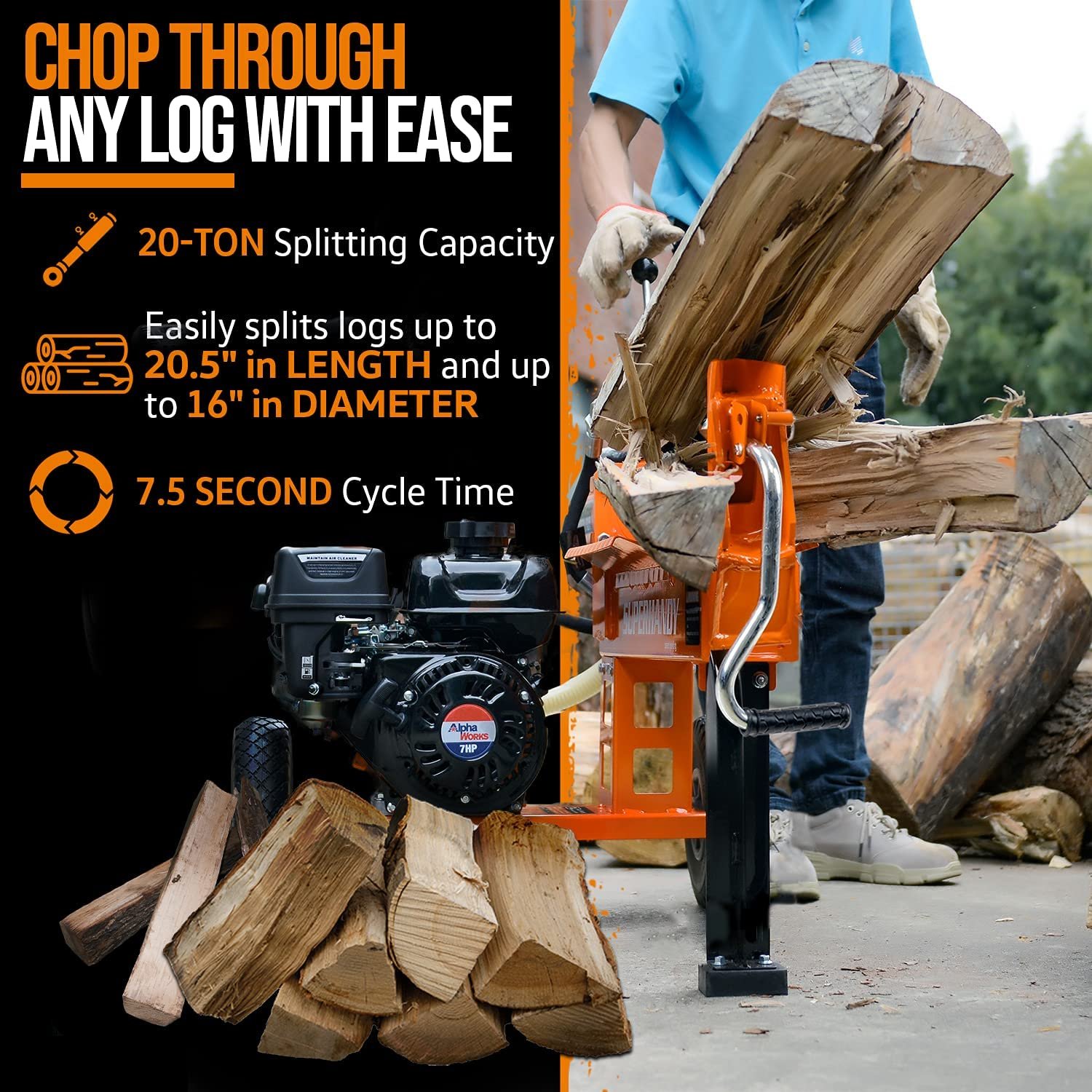 Super Handy GUO077 Portable 20 Ton Gas Powered Log Splitter New